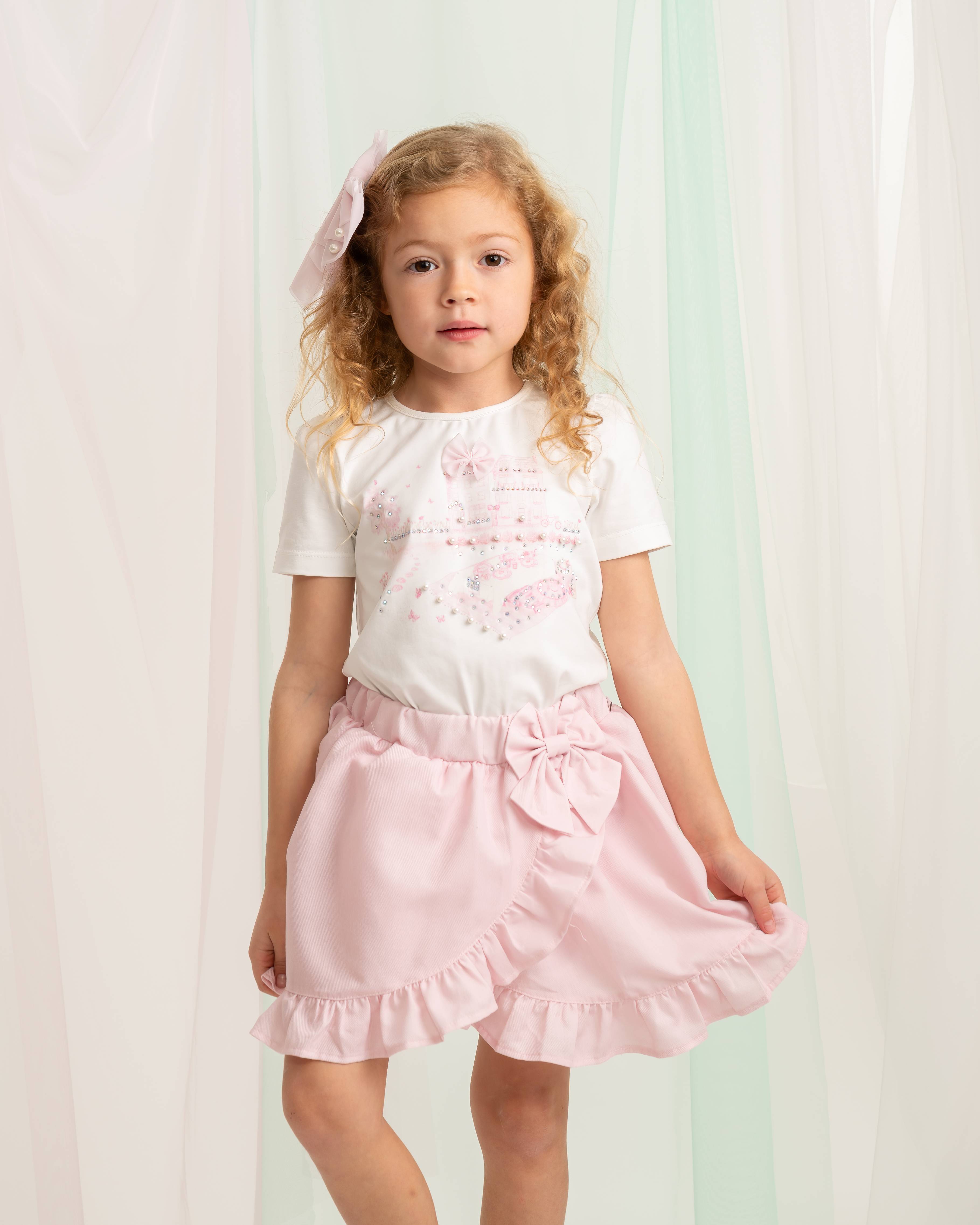 Pink Printed T-Shirt & Skirt with In-Built Shorts