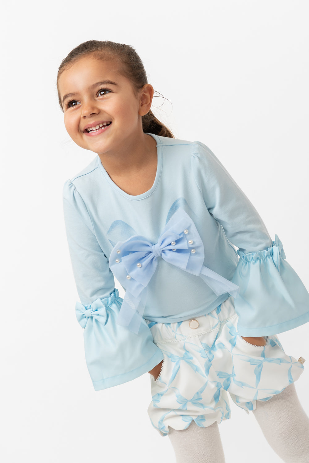 Sky Blue Scalloped Shorts Set with Pearl Embellishments (12 months-3 years)