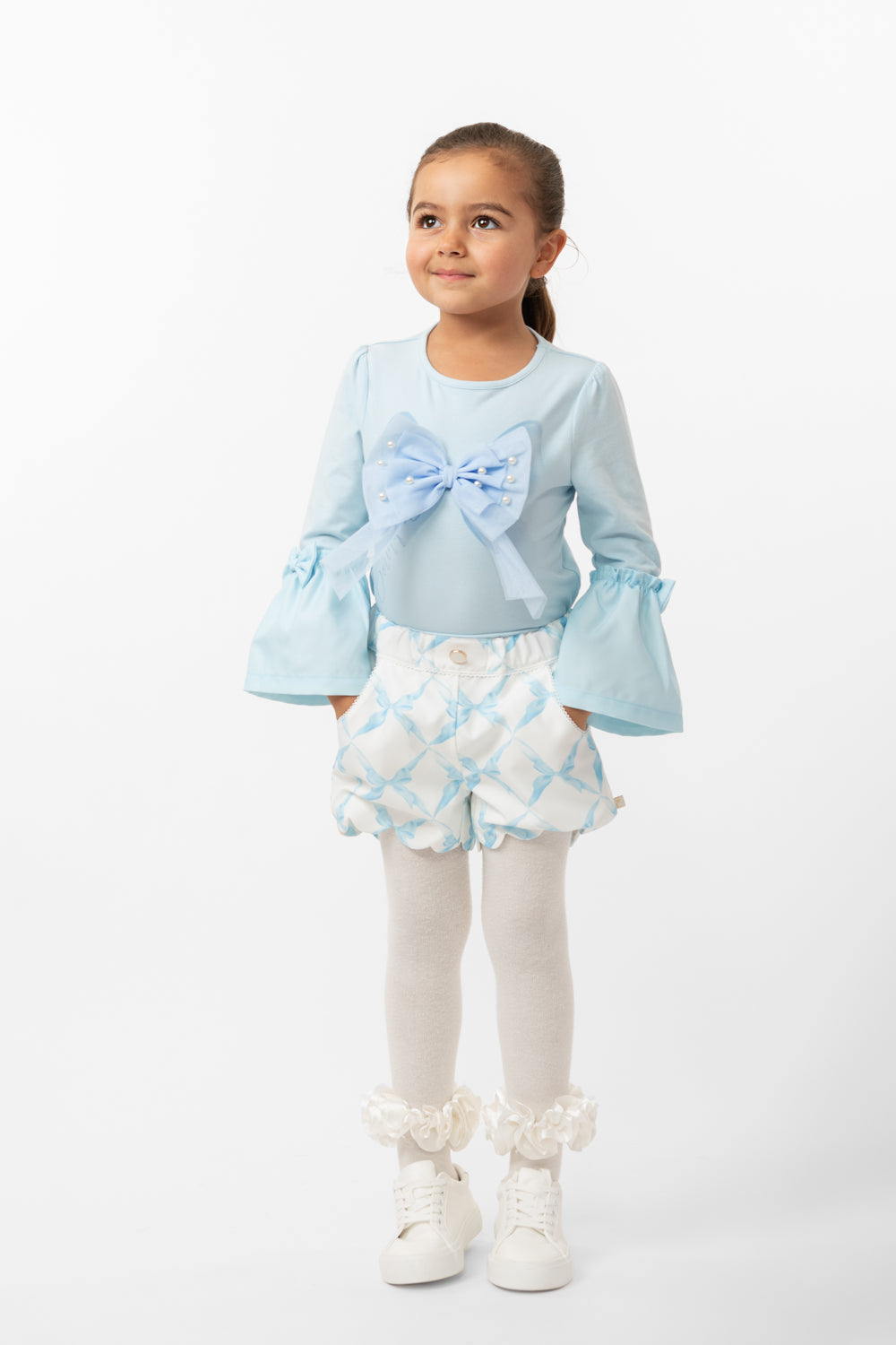 Sky Blue Scalloped Shorts Set with Pearl Embellishments (4-8 years)