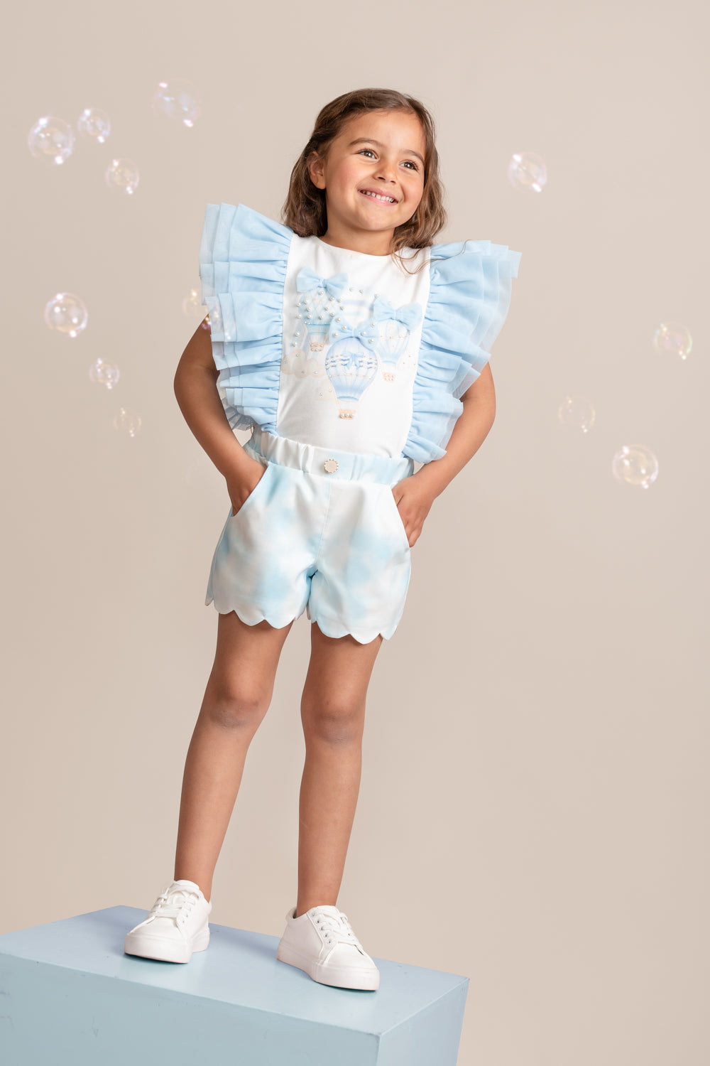 Fly Away Sky Blue Scalloped Shorts Set with Ruffled Sleeves (4-8yrs)