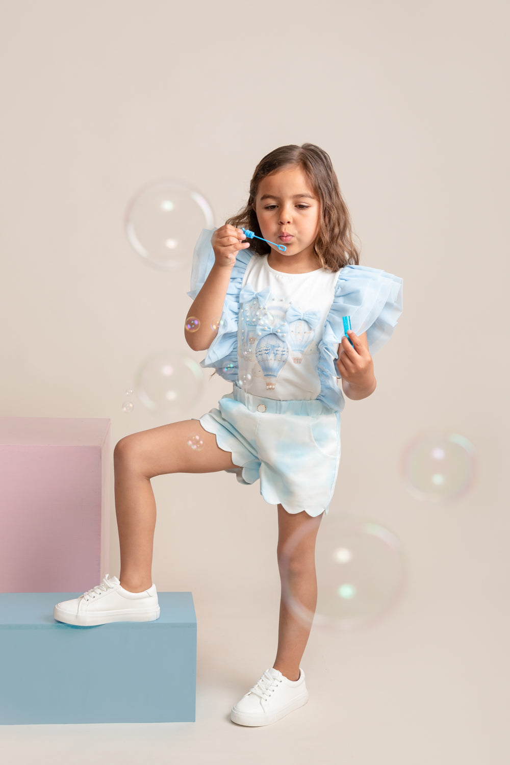 Fly Away Sky Blue Scalloped Shorts Set with Ruffled Sleeves (4-8yrs)