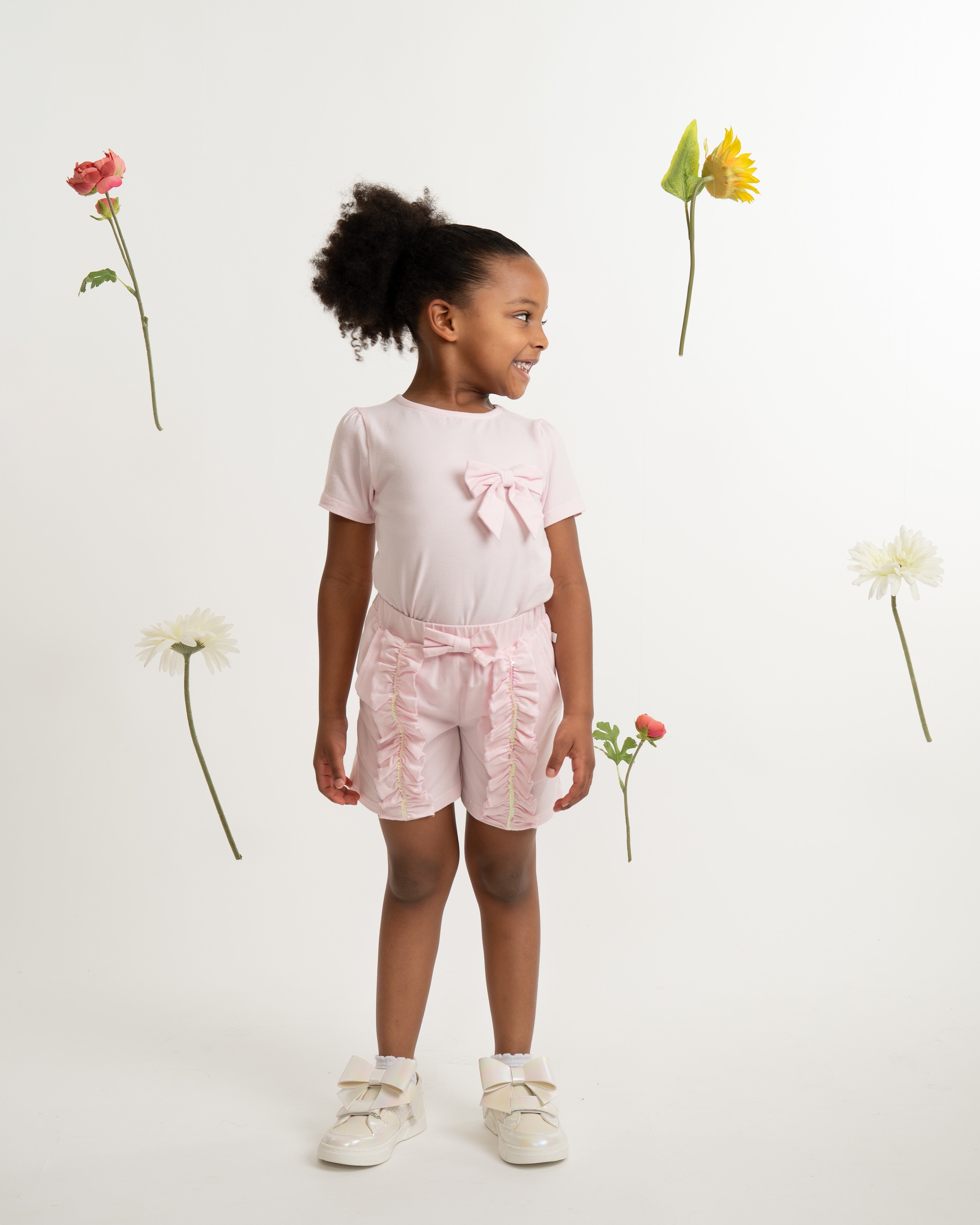 Pink Jersey Bow Detail T-Shirt & Ruffle Detail Short Set
