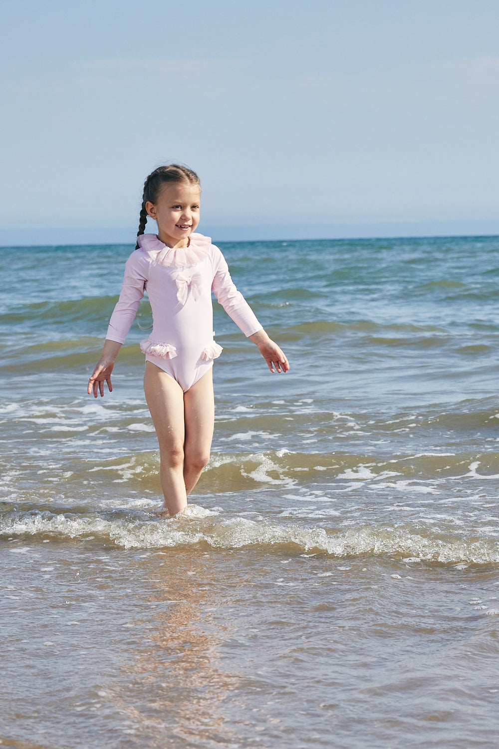 Pink Long-Sleeve Swimsuit with Tulle Accents (UPF50)