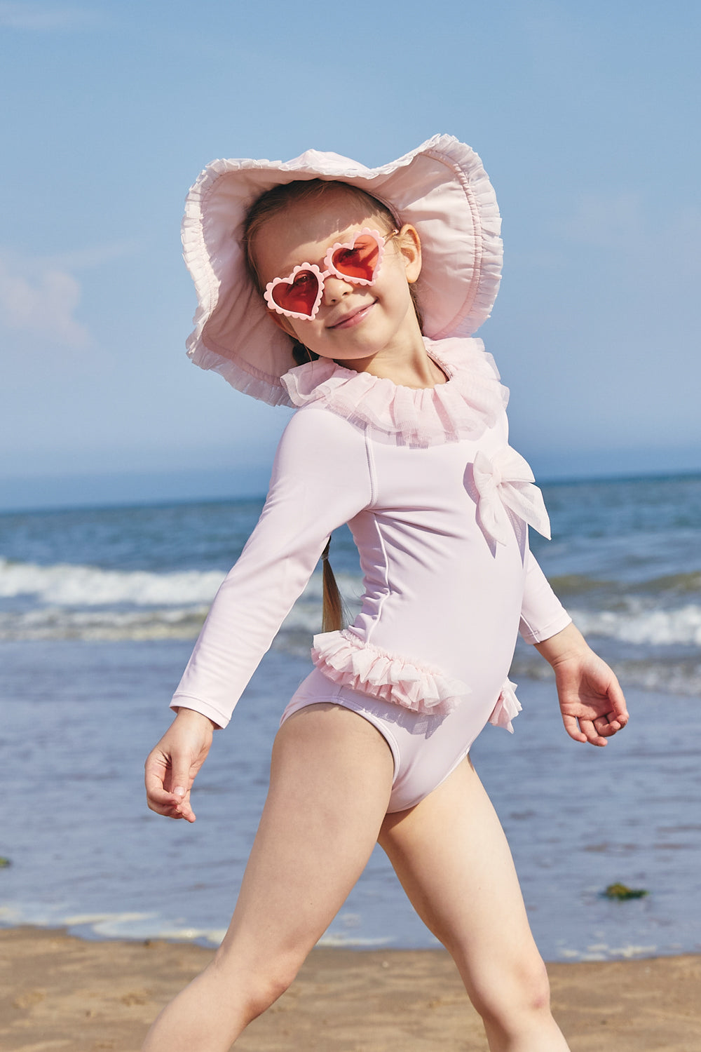 Pink Long-Sleeve Swimsuit with Tulle Accents (UPF50)