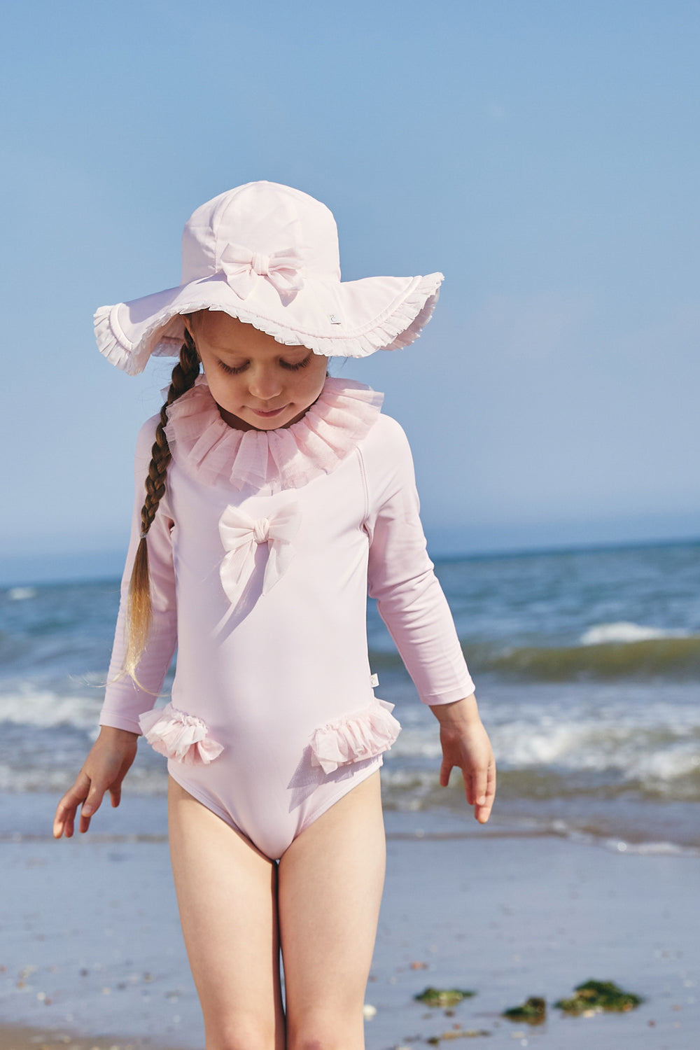 Pink Long-Sleeve Swimsuit with Tulle Accents (UPF50)