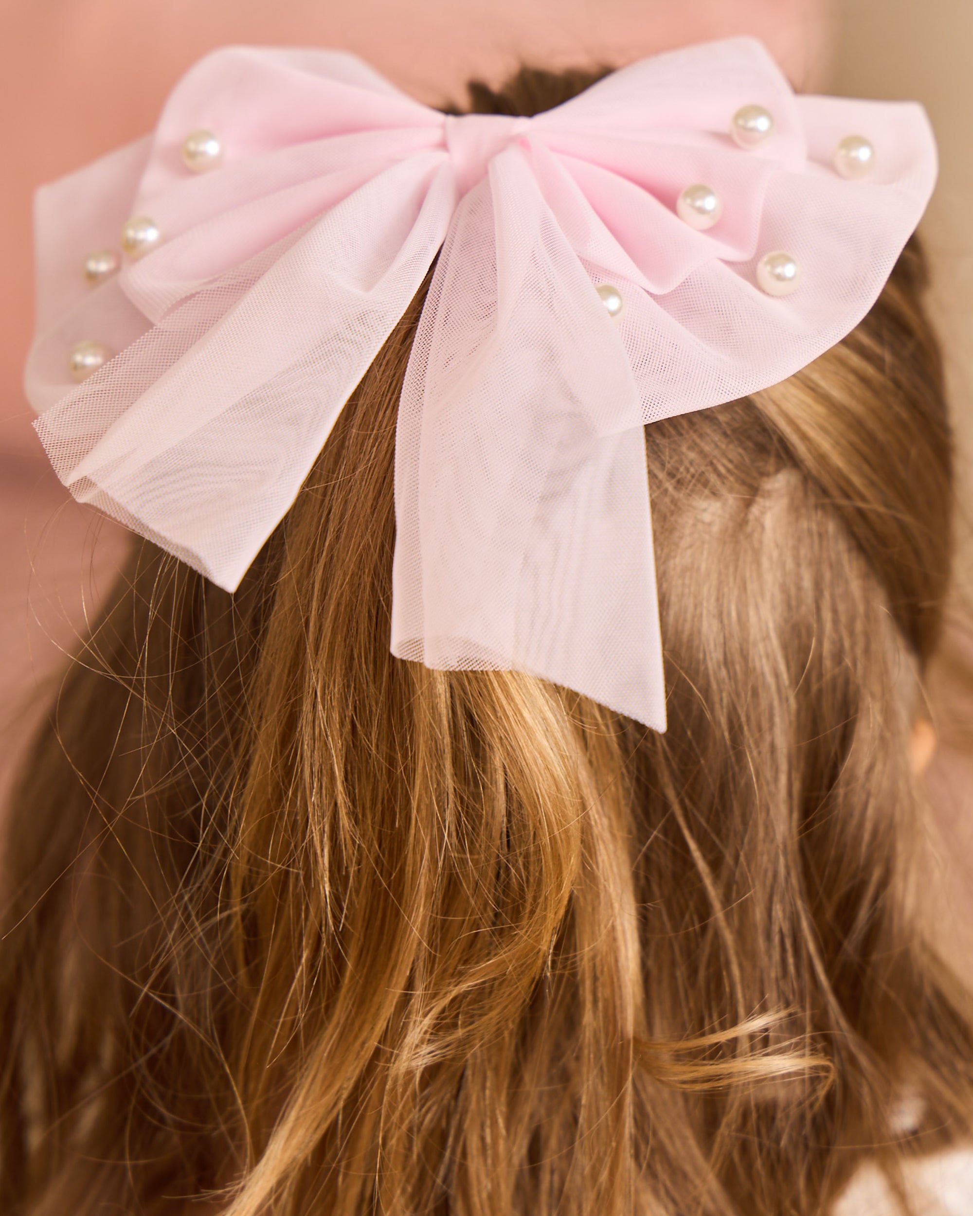 Pink Pearl Embellished Tulle Bow Hair Clip