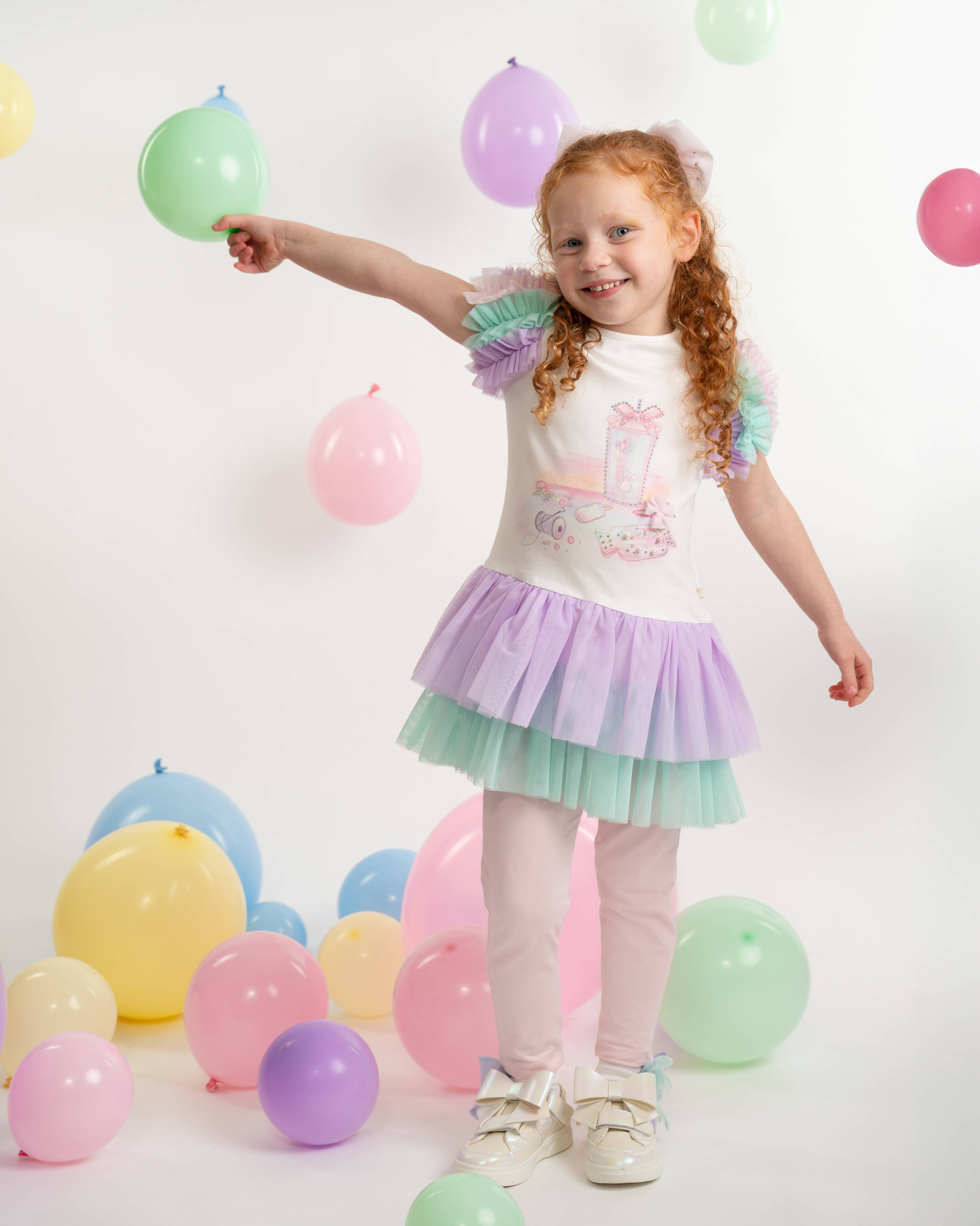 Rainbow Frill Sleeve Tulle Top & Legging Set with Branded Straw Cup