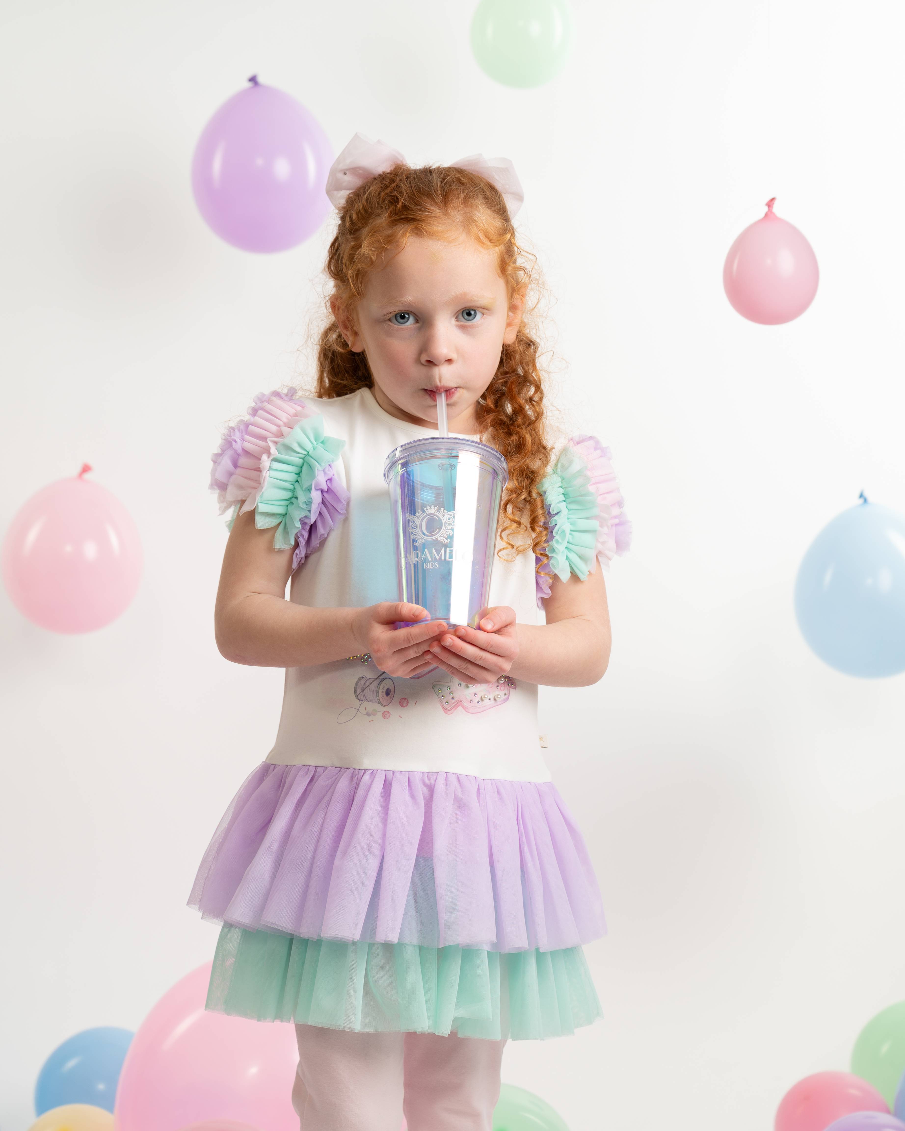 Rainbow Frill Sleeve Tulle Top & Legging Set with Branded Straw Cup