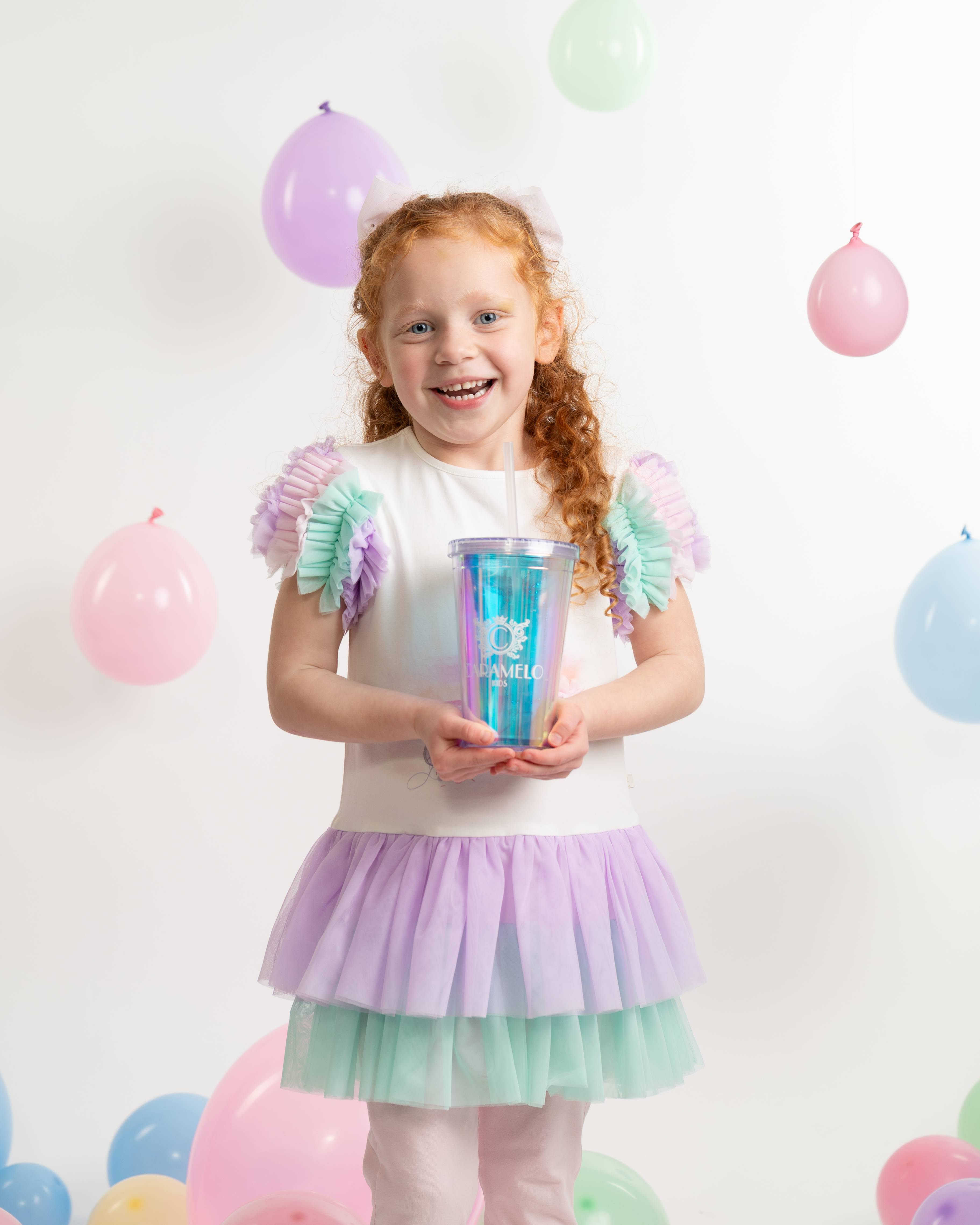 Rainbow Frill Sleeve Tulle Top & Legging Set with Branded Straw Cup