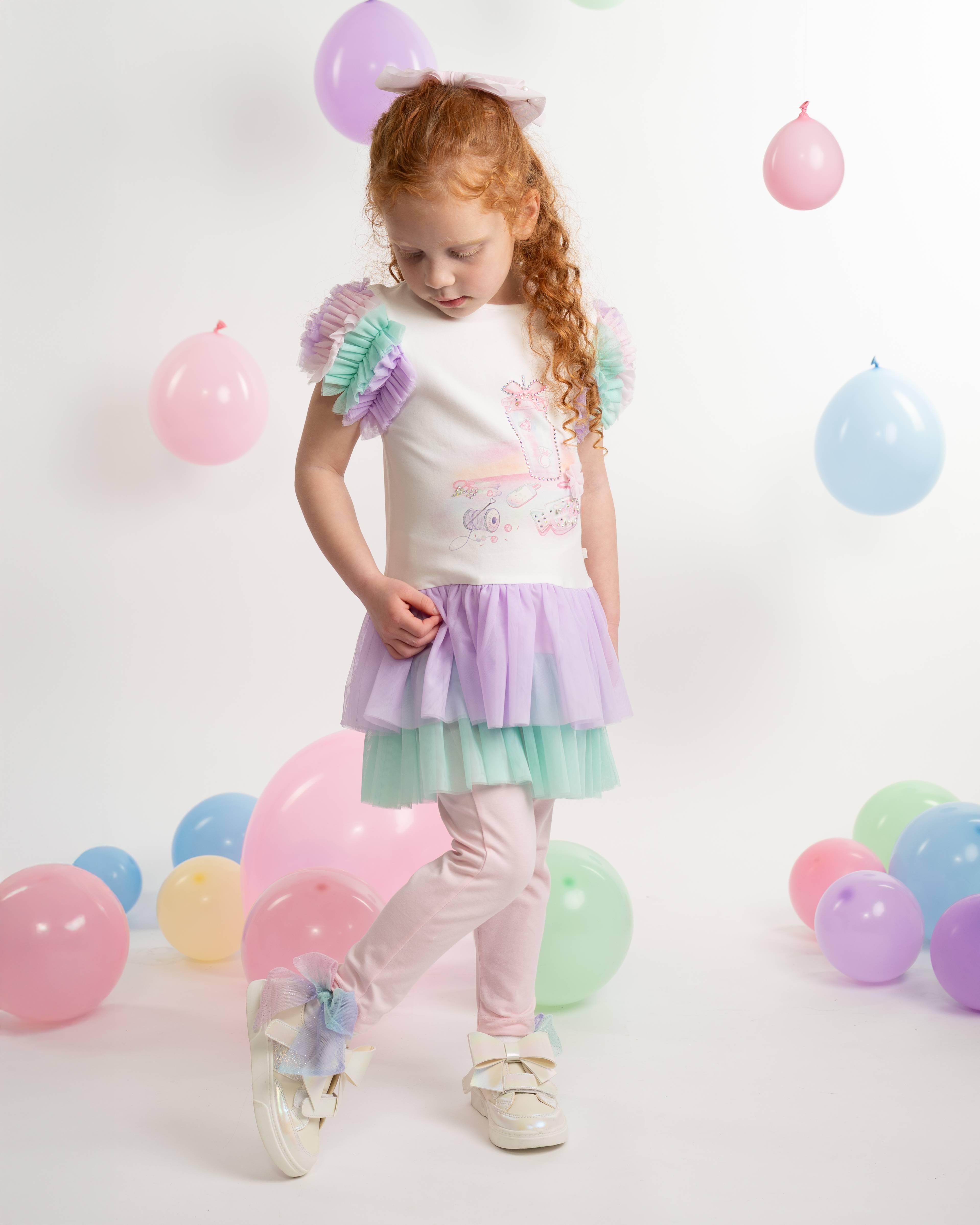 Rainbow Frill Sleeve Tulle Top & Legging Set with Branded Straw Cup