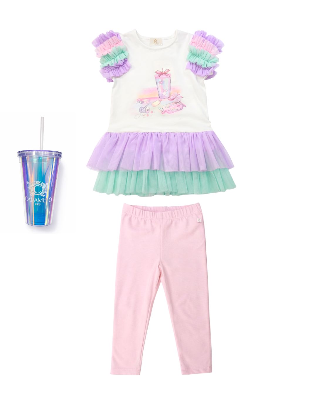 Rainbow Frill Sleeve Tulle Top & Legging Set with Branded Straw Cup