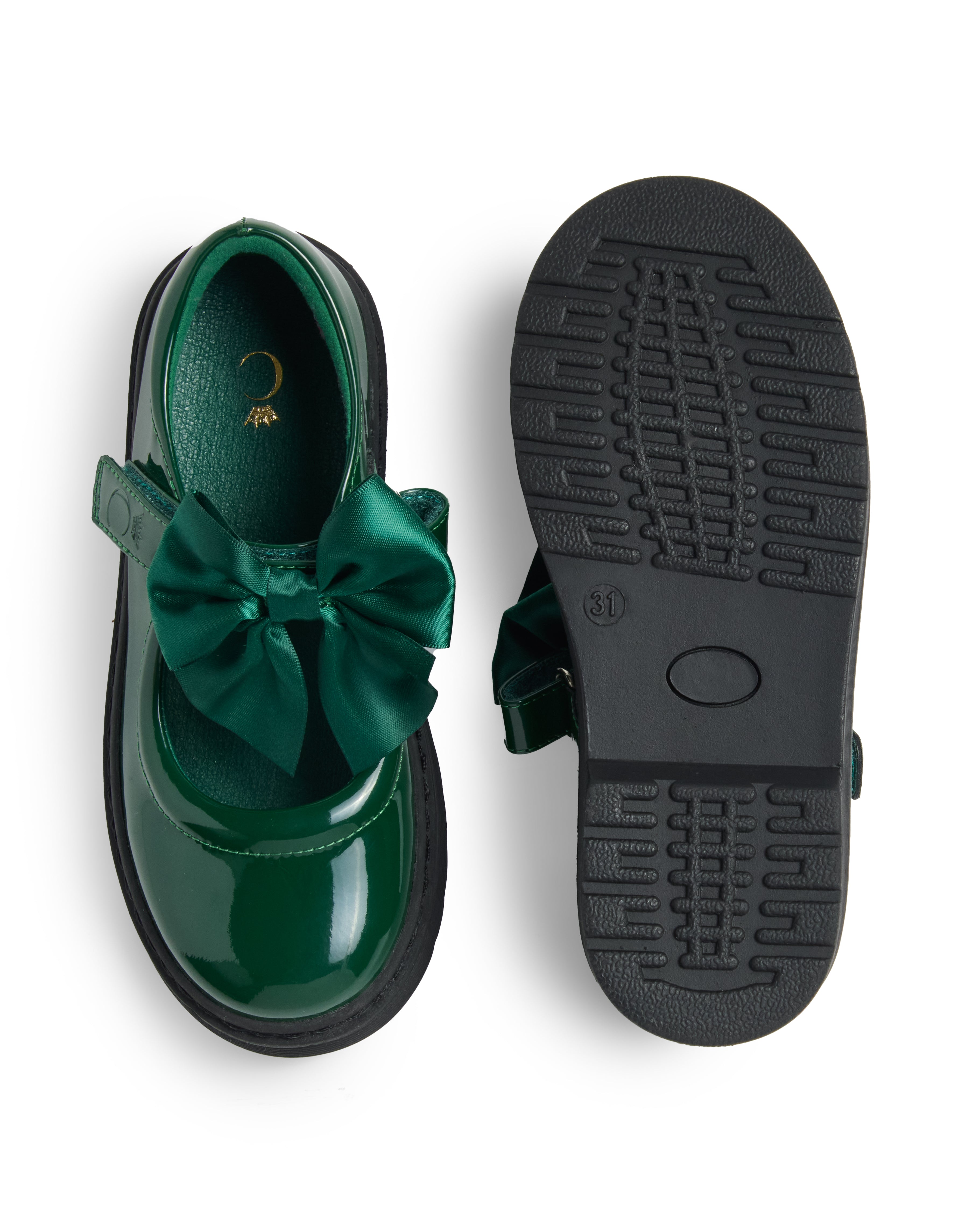 Bottle Green Patent Bow School Shoes
