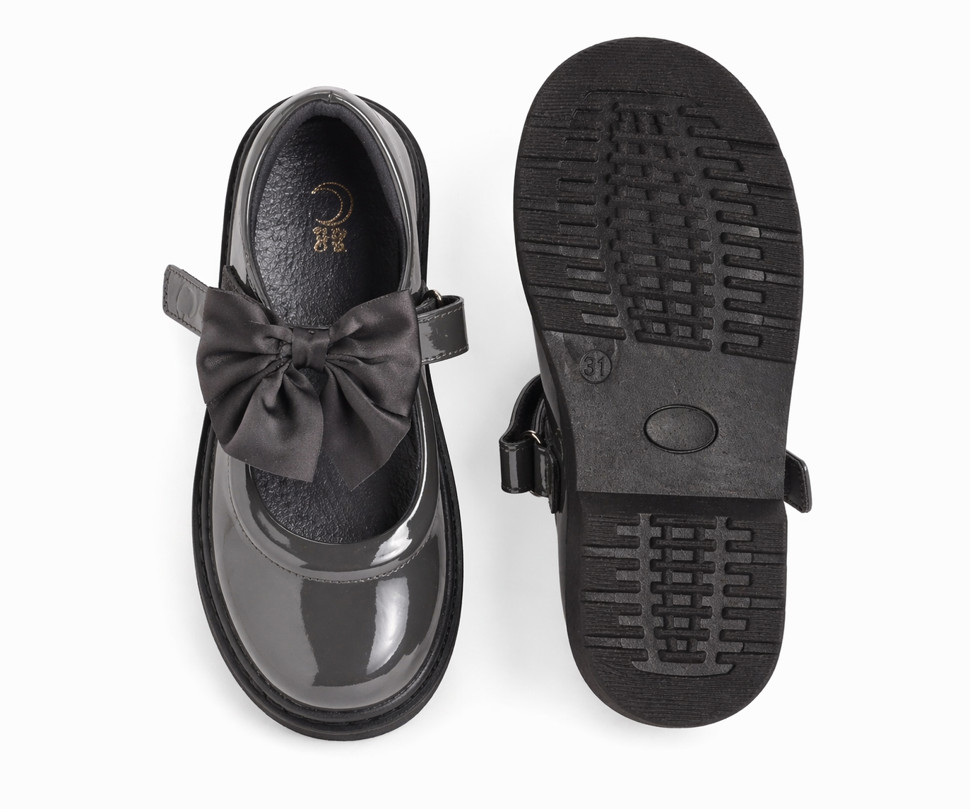 Grey Patent Bow School Shoes