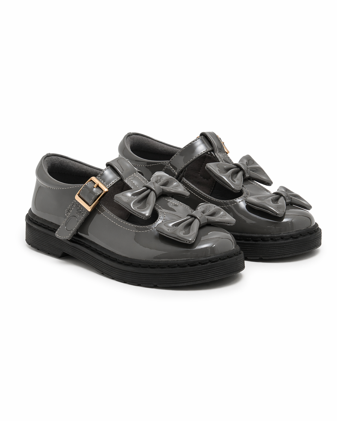 Grey Patent Double Bow School Shoes