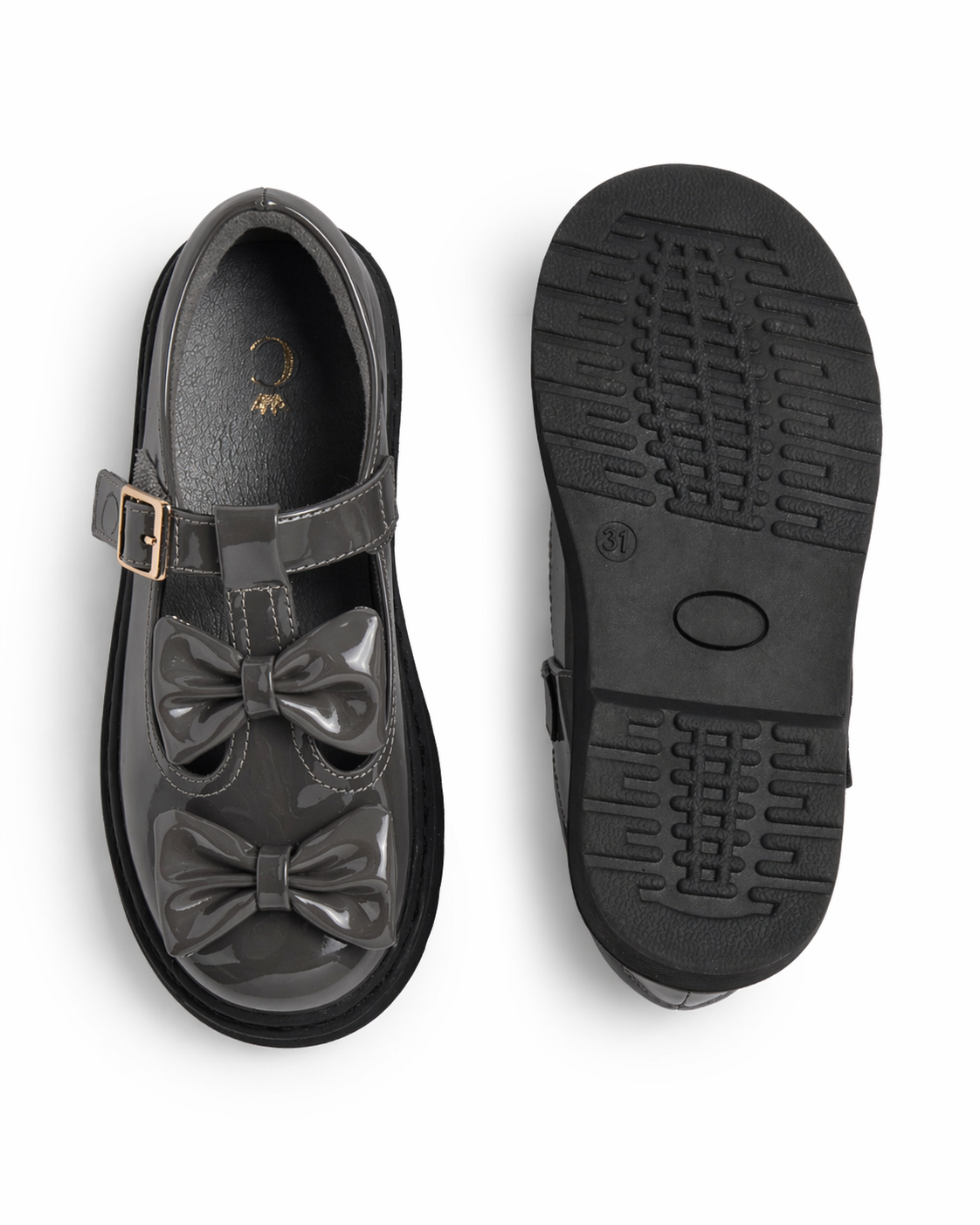 Grey Patent Double Bow School Shoes