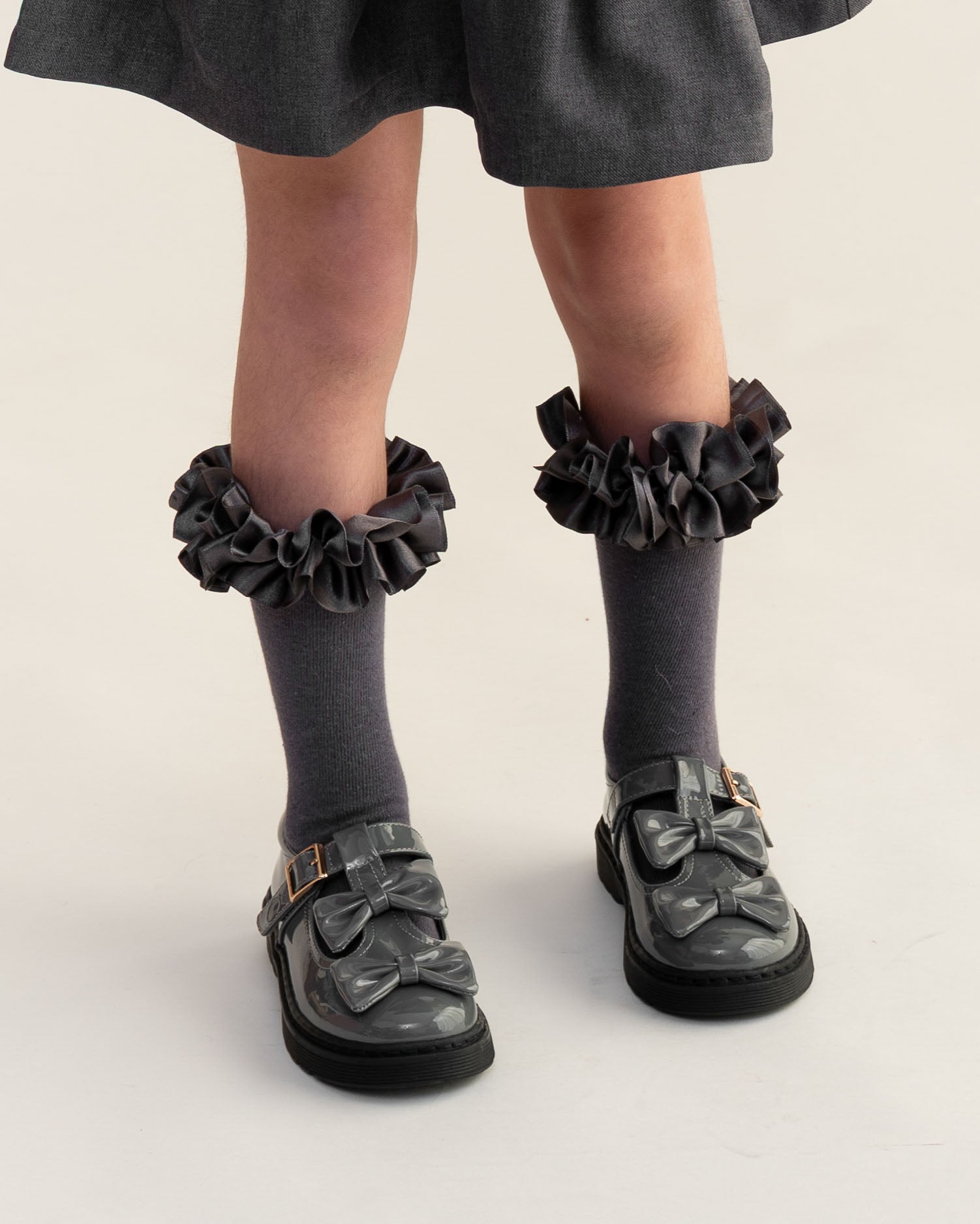 Grey Patent Double Bow School Shoes