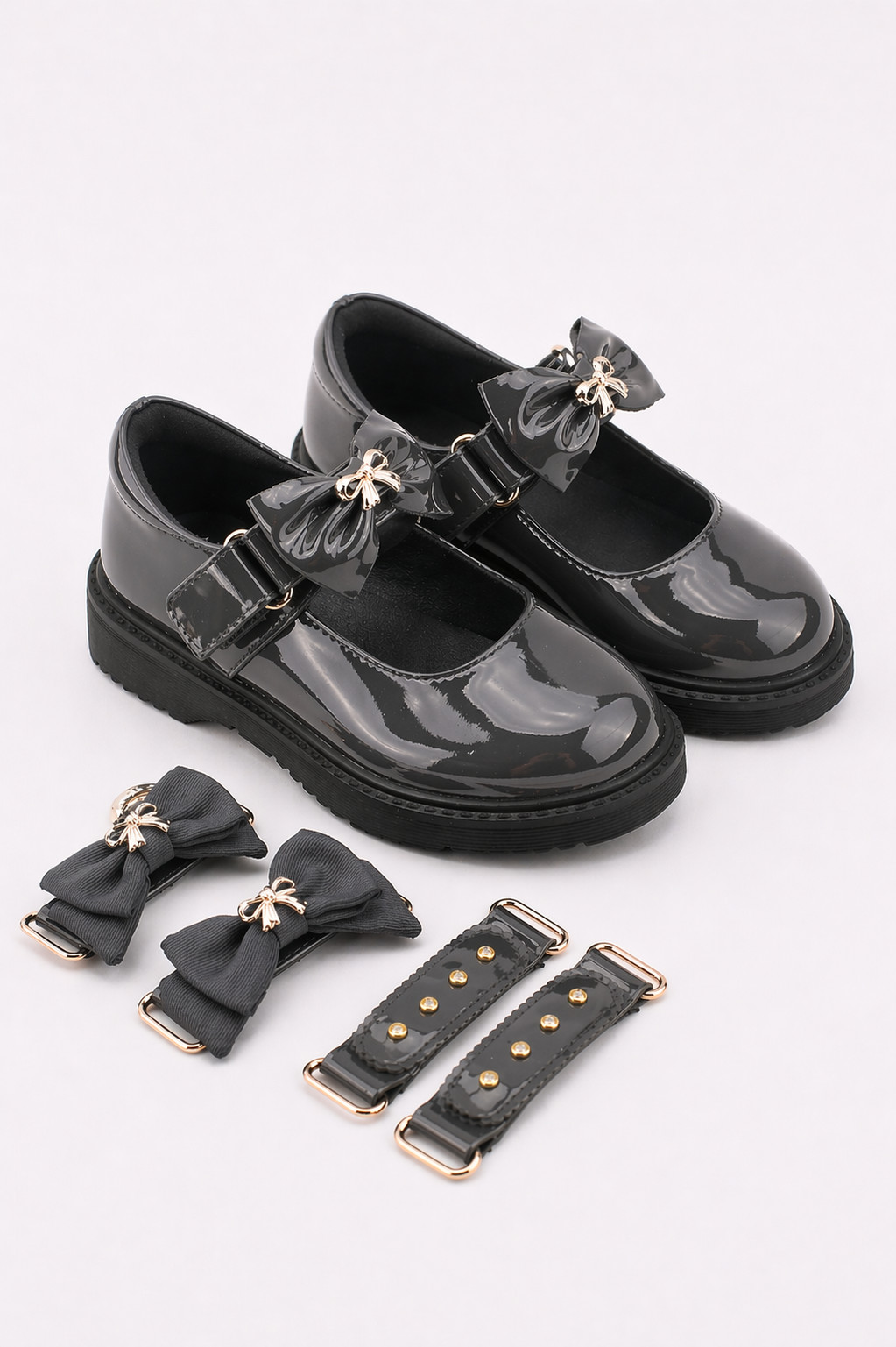 Grey Patent Interchangeable Straps School Shoes