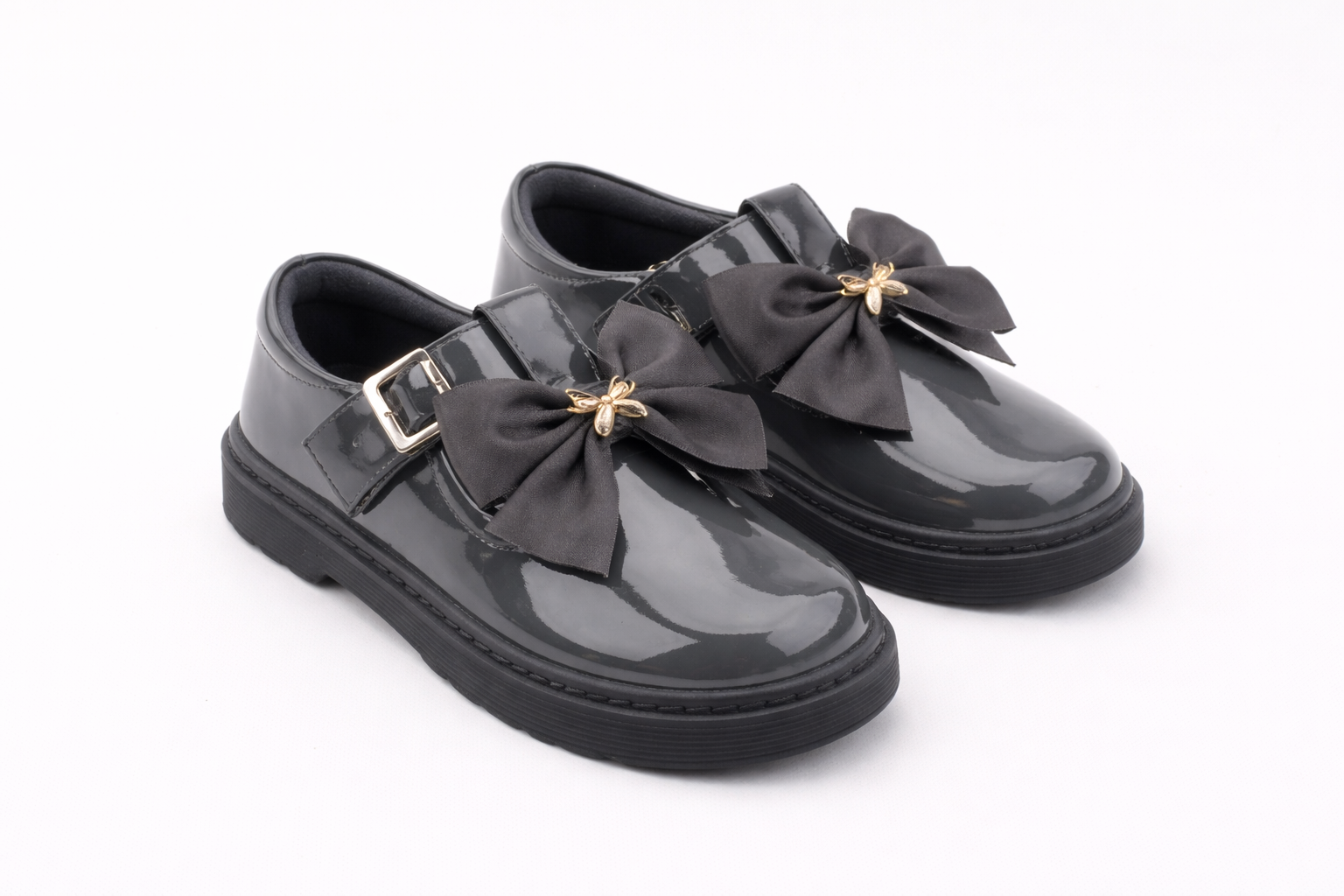 Grey Grosgrain Bow School Shoe