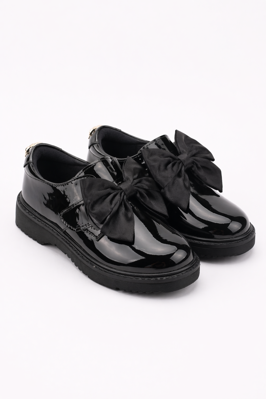 Black Patent Bow Velcro Strap School Shoes