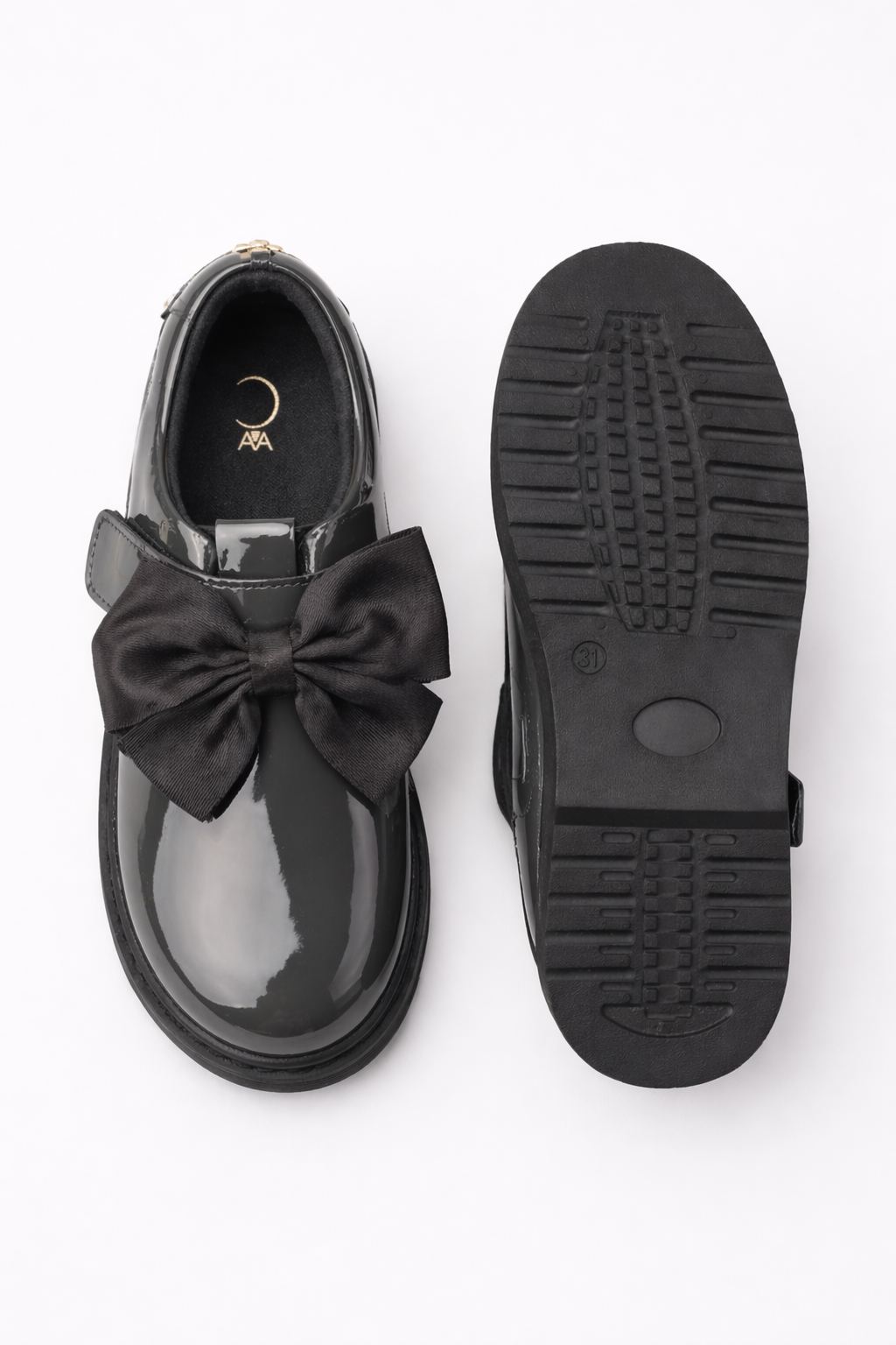 Grey Patent Bow Velcro Strap School Shoes