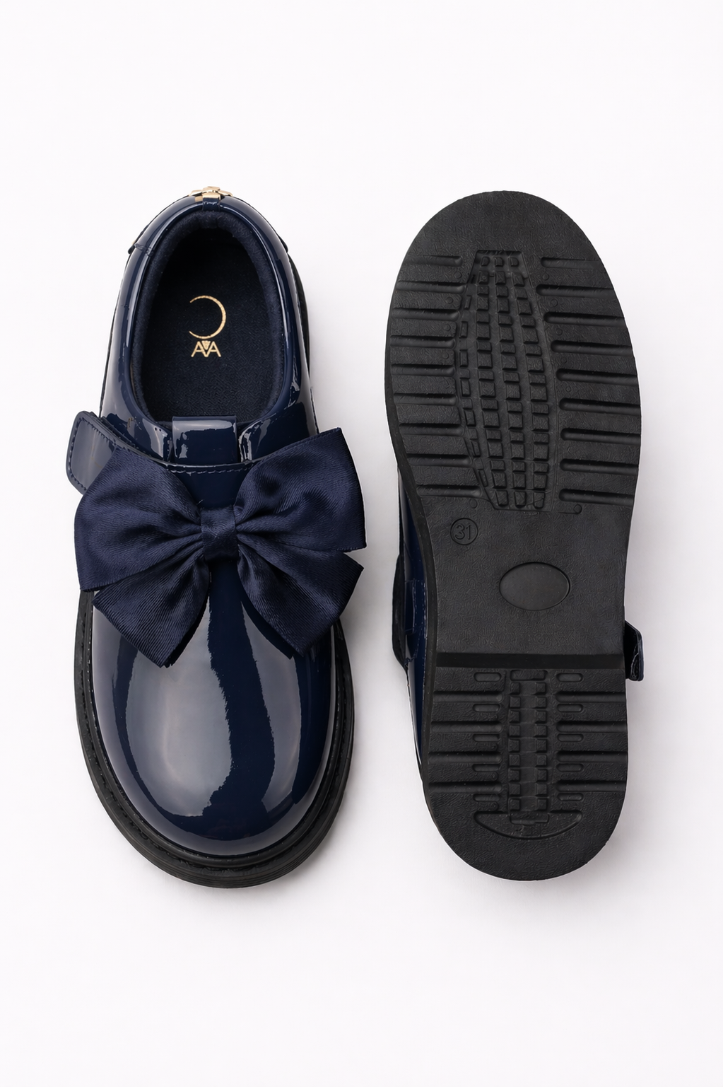 Navy Patent Bow Velcro Strap School Shoes