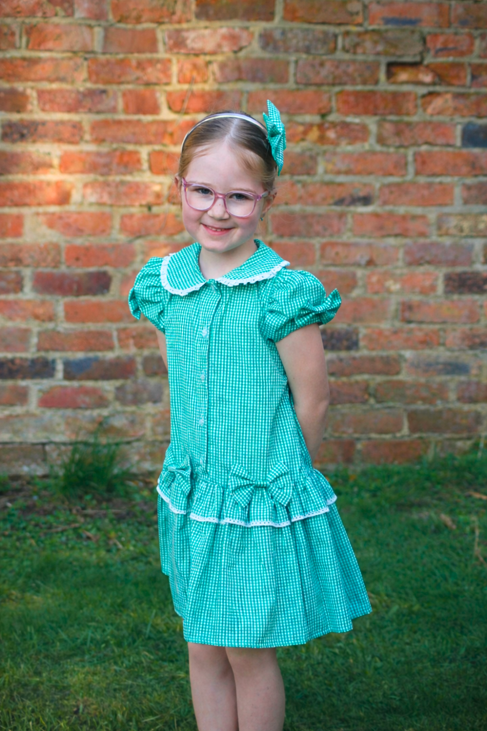 Green Gingham Double Bow Dropped Waist School Dress