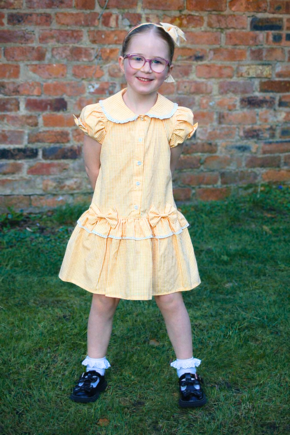 Yellow Gingham Double Bow Dropped Waist School Dress