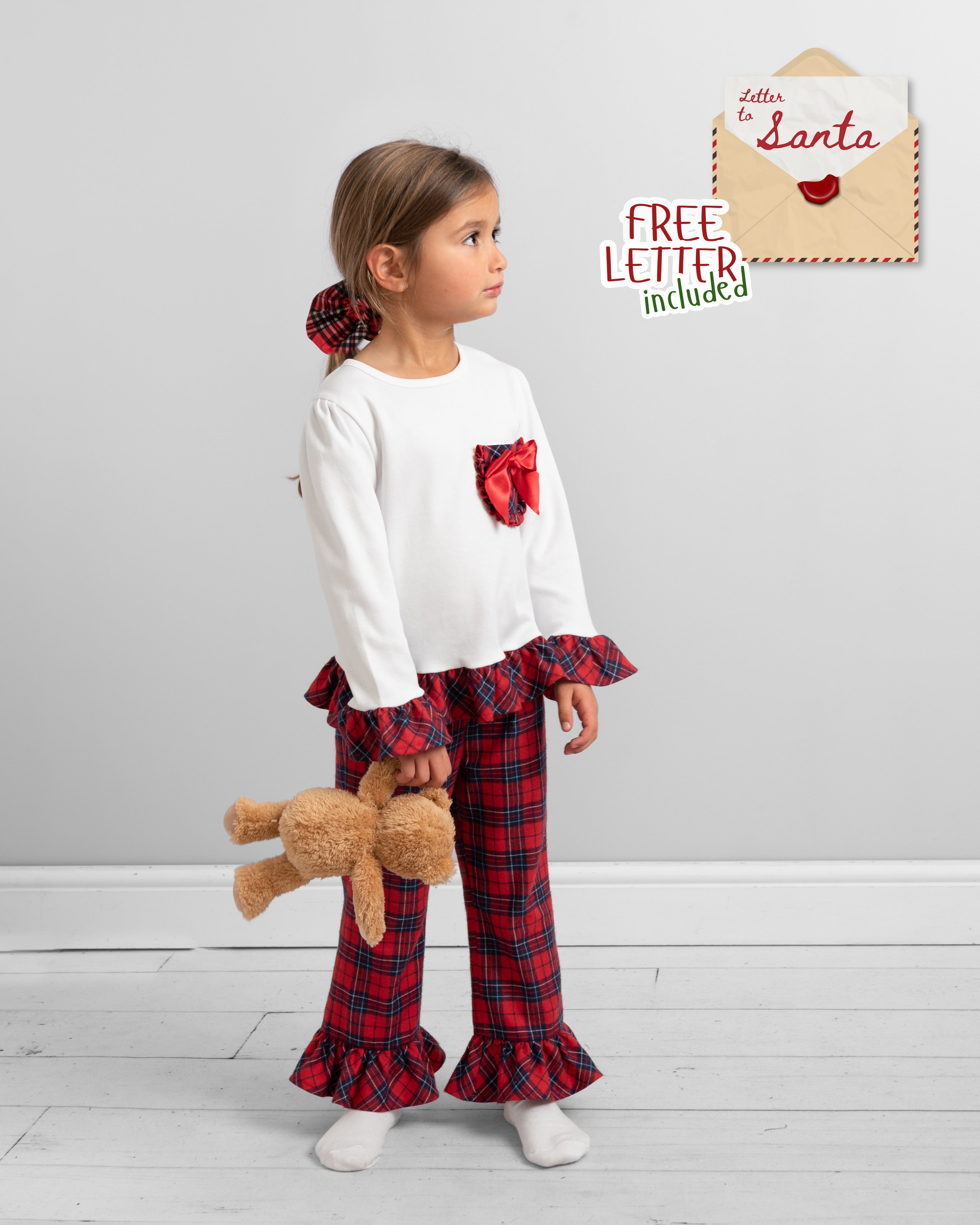 Tartan Ruffle Christmas Pyjama Set with Bow Accents