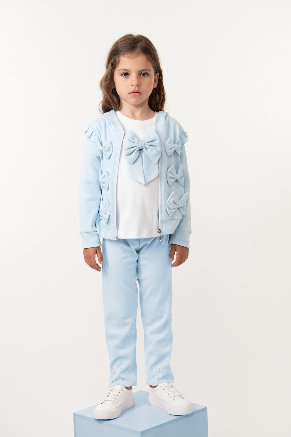 Sky Blue Bow Detail Three-Piece Tracksuit Set with Diamantes