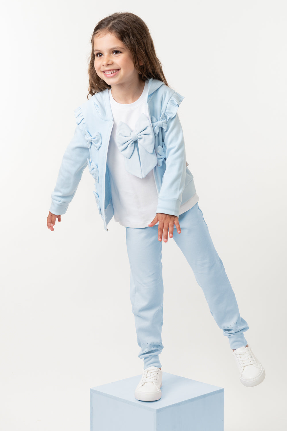 Sky Blue Bow Detail Three-Piece Tracksuit Set with Diamantes