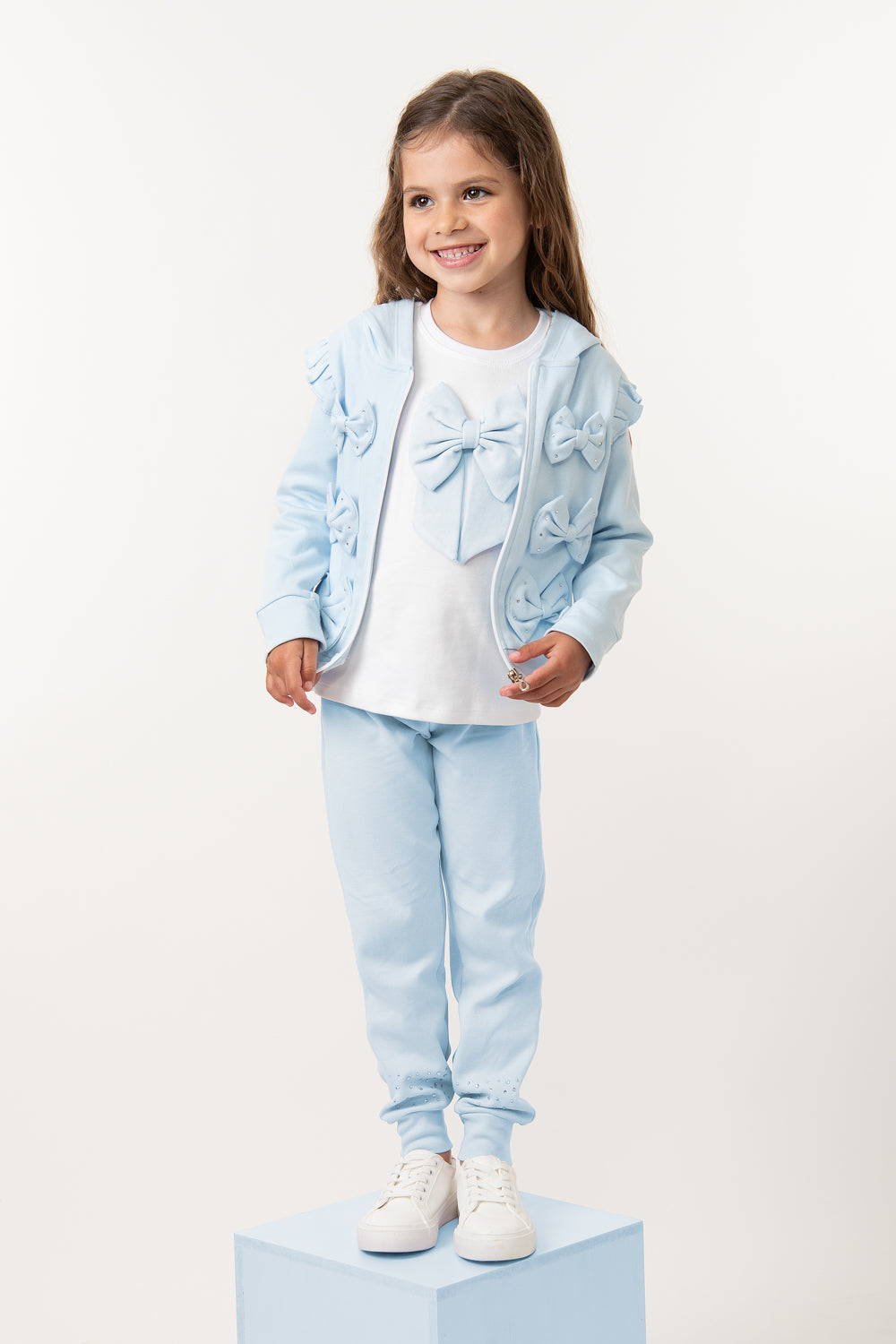 Sky Blue Bow Detail Three-Piece Tracksuit Set with Diamantes