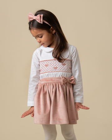 Smocked Heart Velour Skirt Set with Bow Hairclip