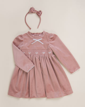 Smocked Heart Velour Dress with Lace Trim and Frill Collar