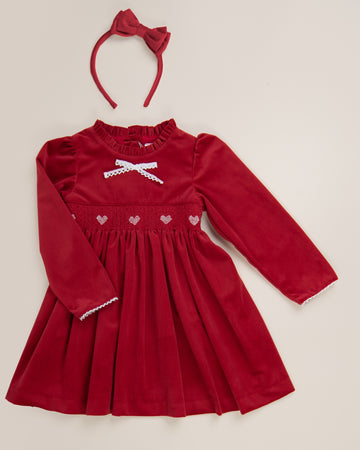 Smocked Heart Velour Dress with Lace Trim and Frill Collar