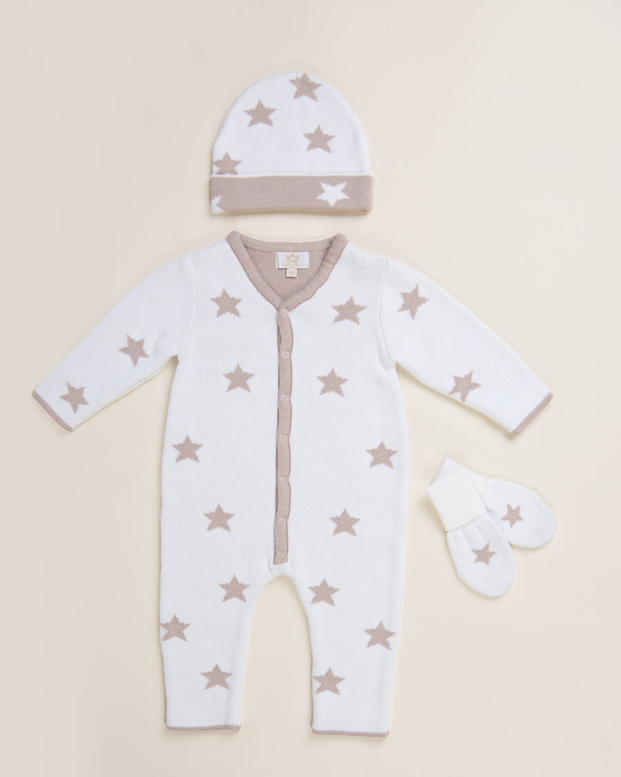 Knitted Star Romper with Hat and Mittens