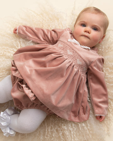 Smocked Heart Velour Jampant Set with Lace Trim and Frill Collar