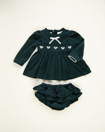 Smocked Heart Velour Jampant Set with Lace Trim and Frill Collar