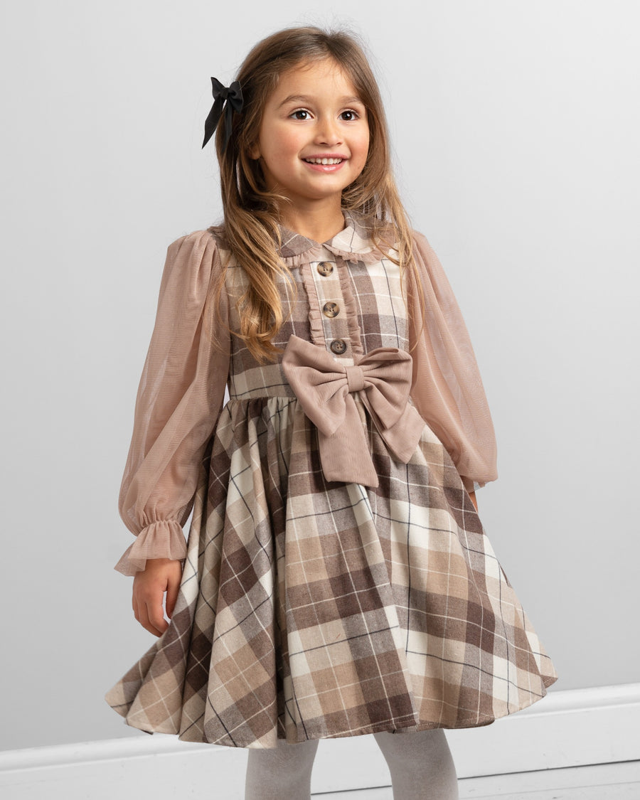 Woven Check Dress with Tulle Detail