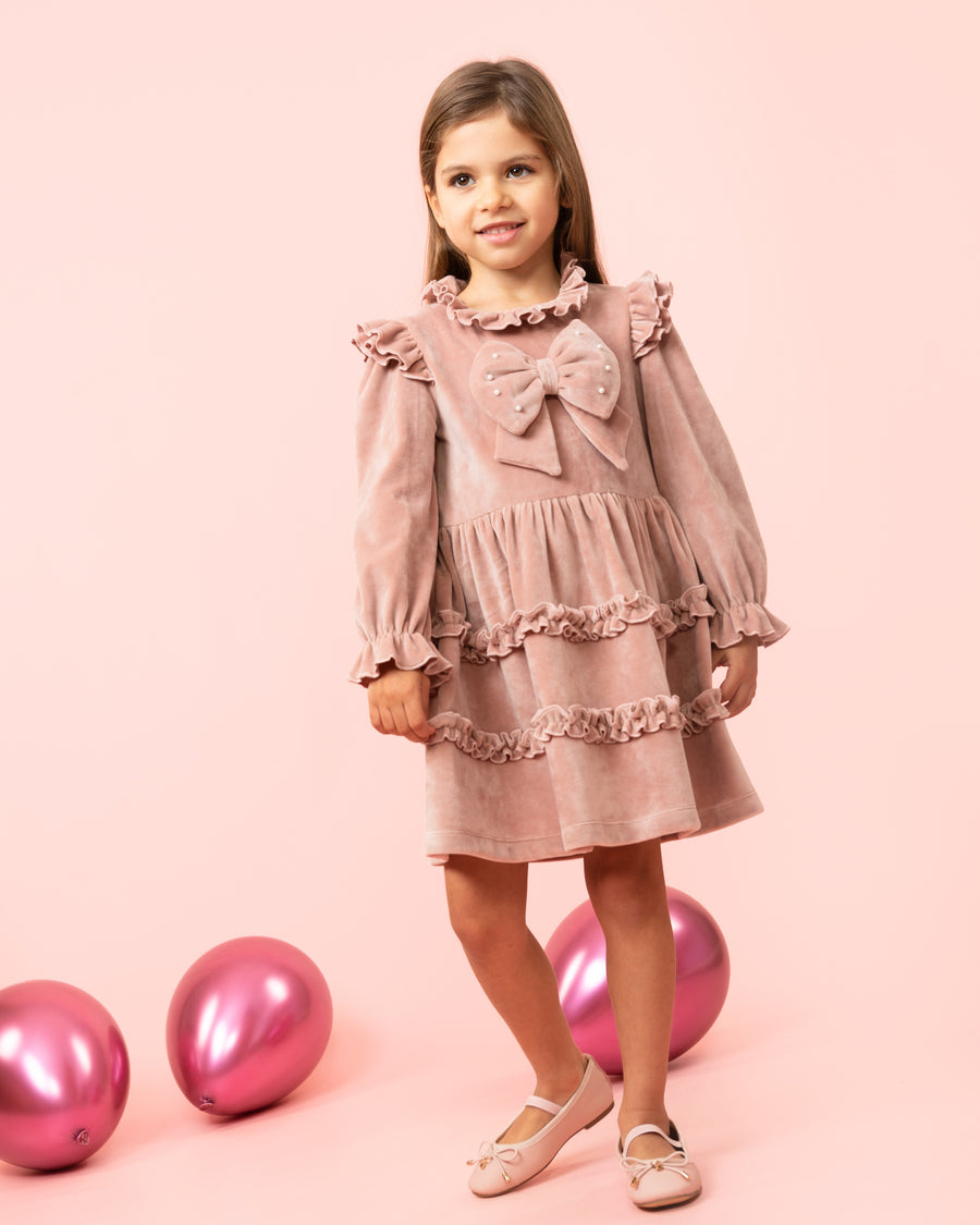 Velour Tiered Dress with Pearl Bow