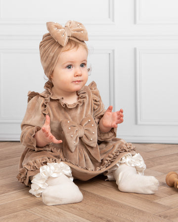 Velour Tiered Dress with Pearl Bow and Turban