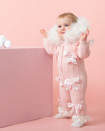 Knitted Bow Snowsuit with Faux Fur Hood