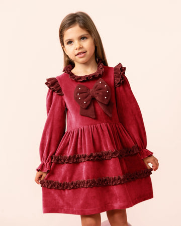 Velour Tiered Dress with Pearl Bow