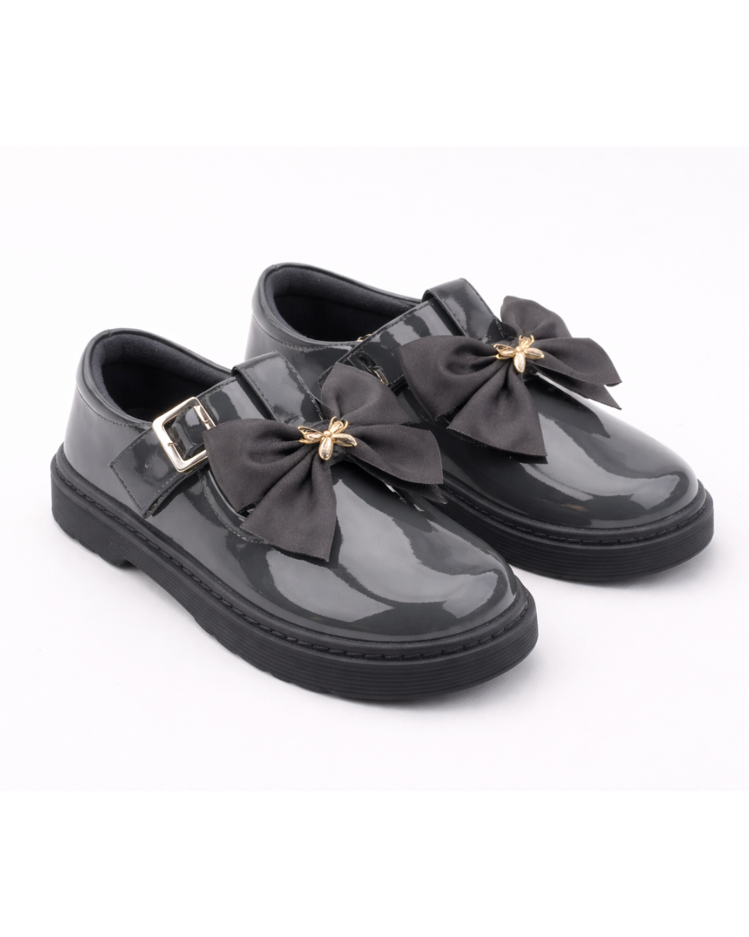 Grey Grosgrain Bow School Shoe