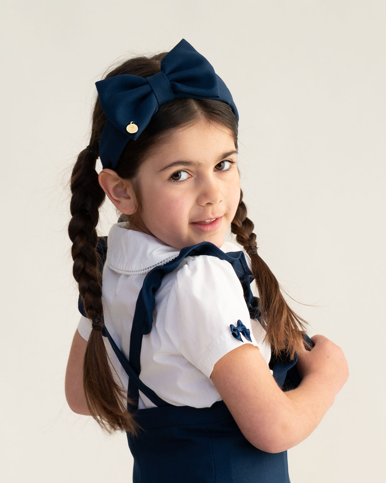White School Shirt with Navy Bow Sleeves