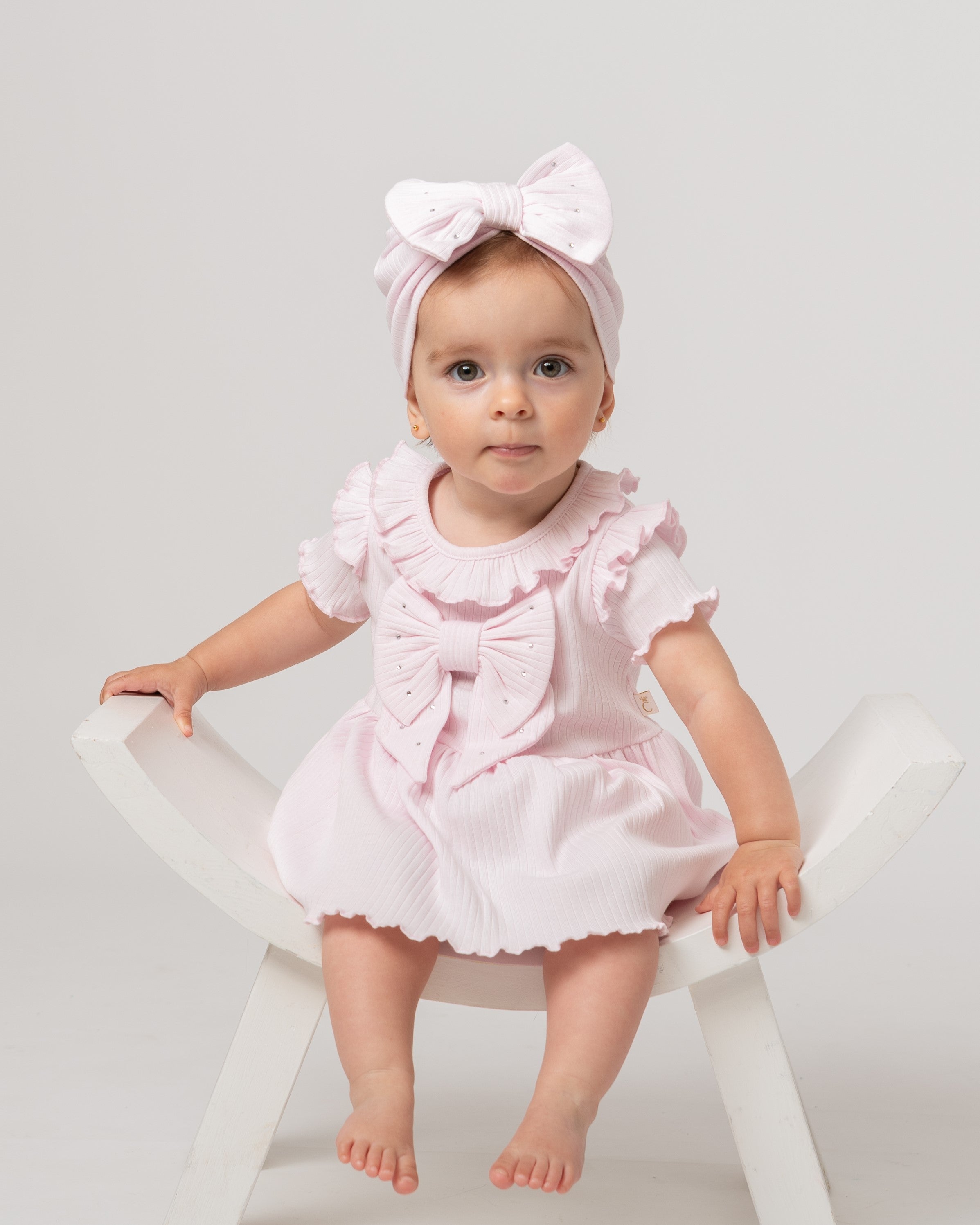 Pink Ribbed Frill Bow Jampant Set