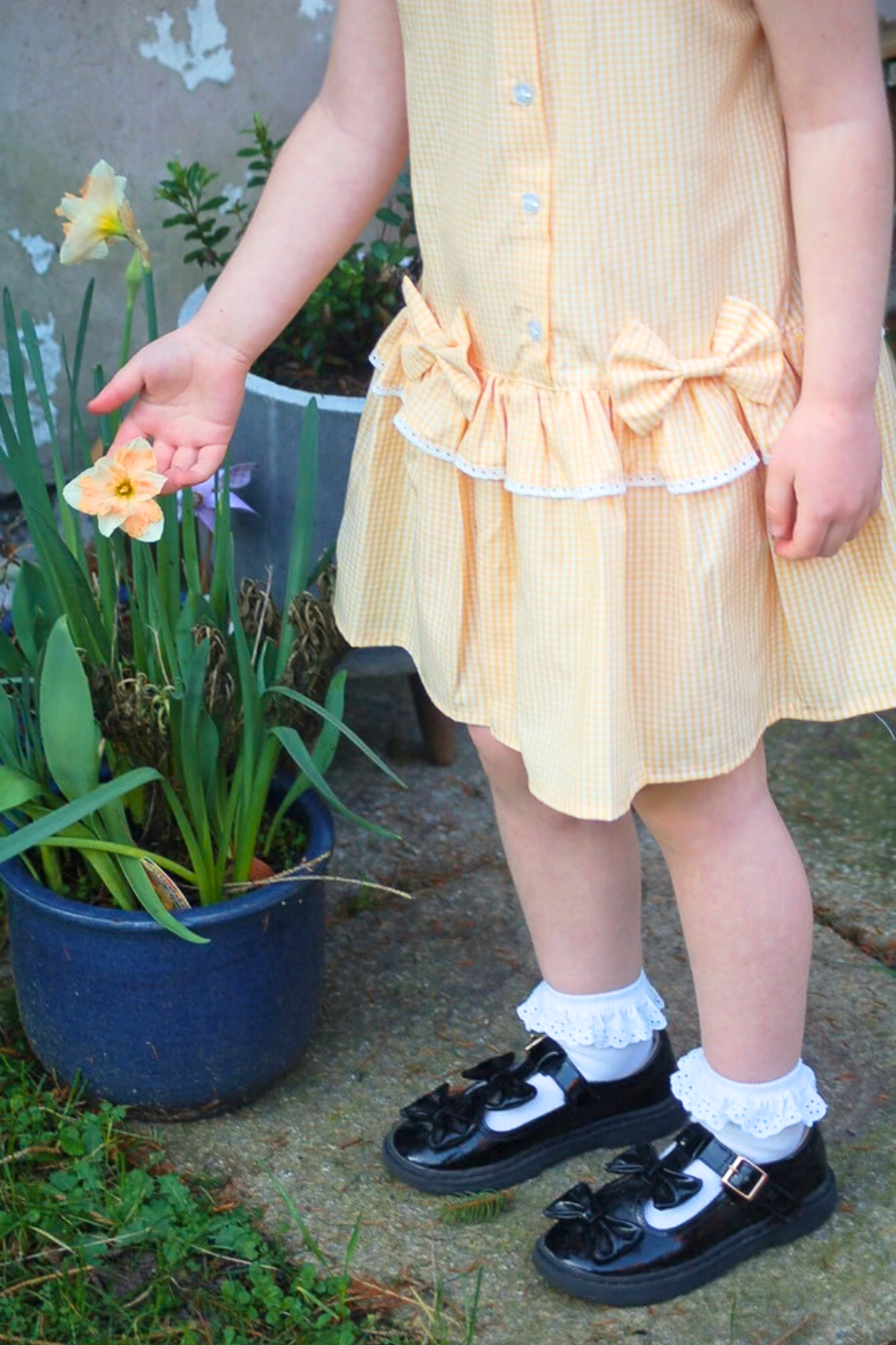 Yellow Gingham Double Bow Dropped Waist School Dress