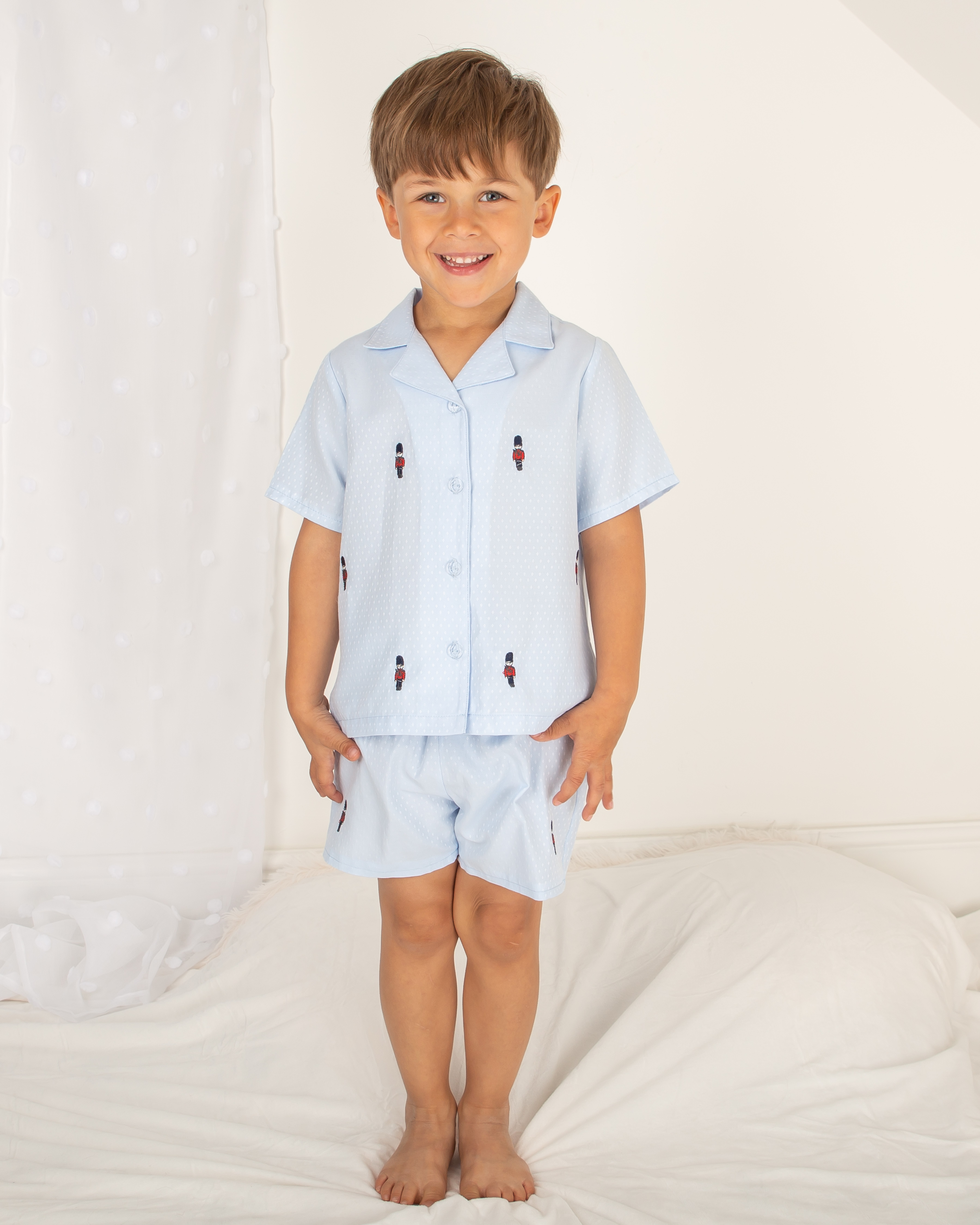 Blue Short-Sleeve Pyjama Set with Soldier Embroidery